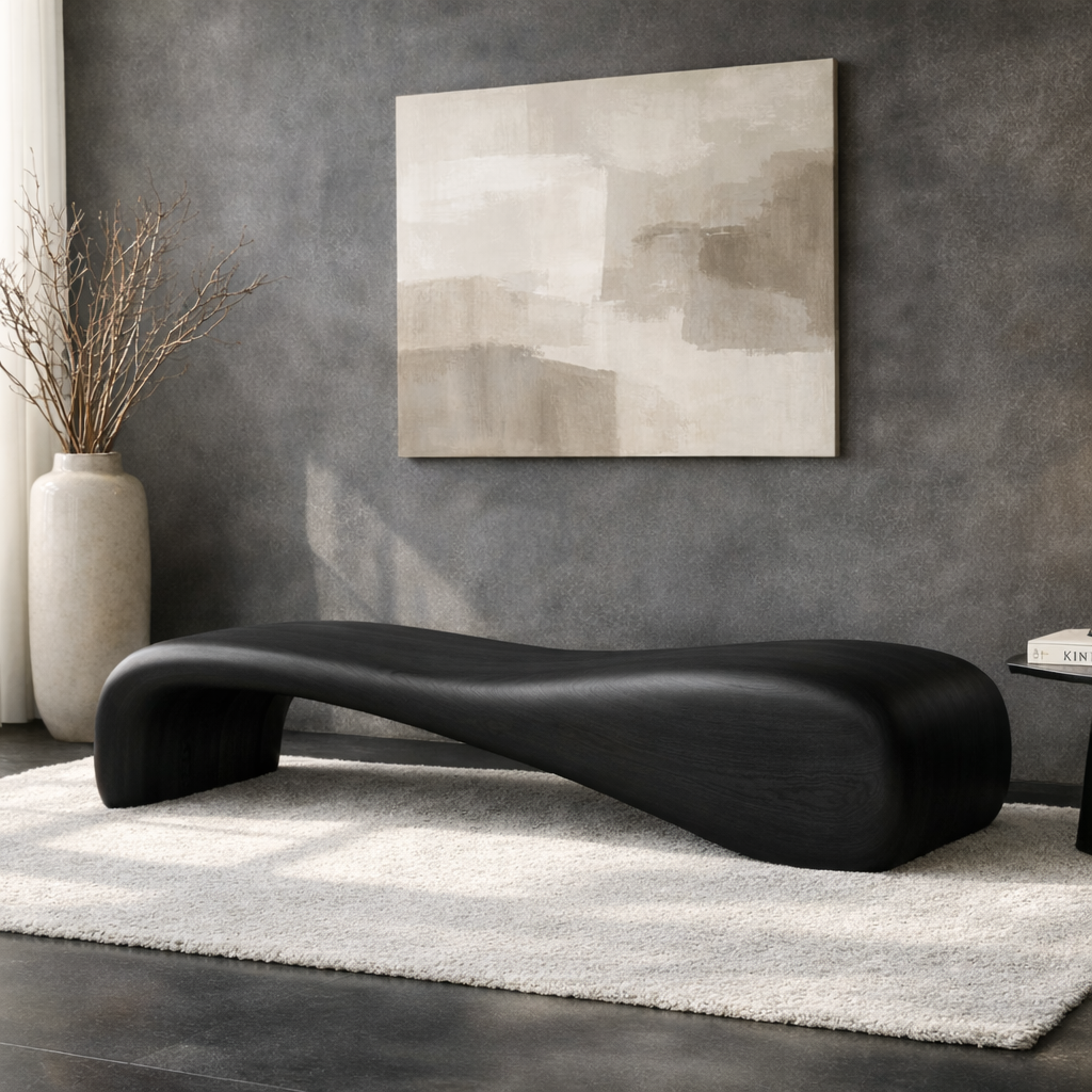 Modern Sculptural Wooden Entryway Bench, Curved Hallway Seating for Luxury Homes - view 4 of 7