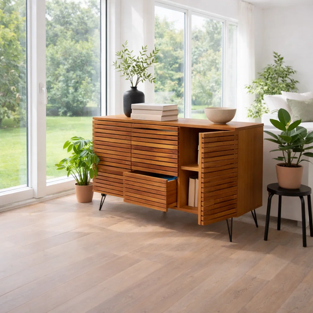 Solid Wood Slatted Sideboard Cabinet with Storage - view 3 of 7