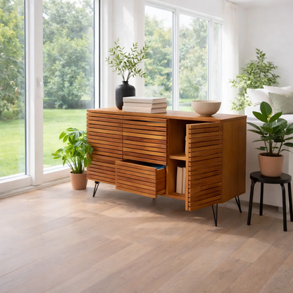 Solid Wood Slatted Sideboard Cabinet with Storage - view 3 of 7