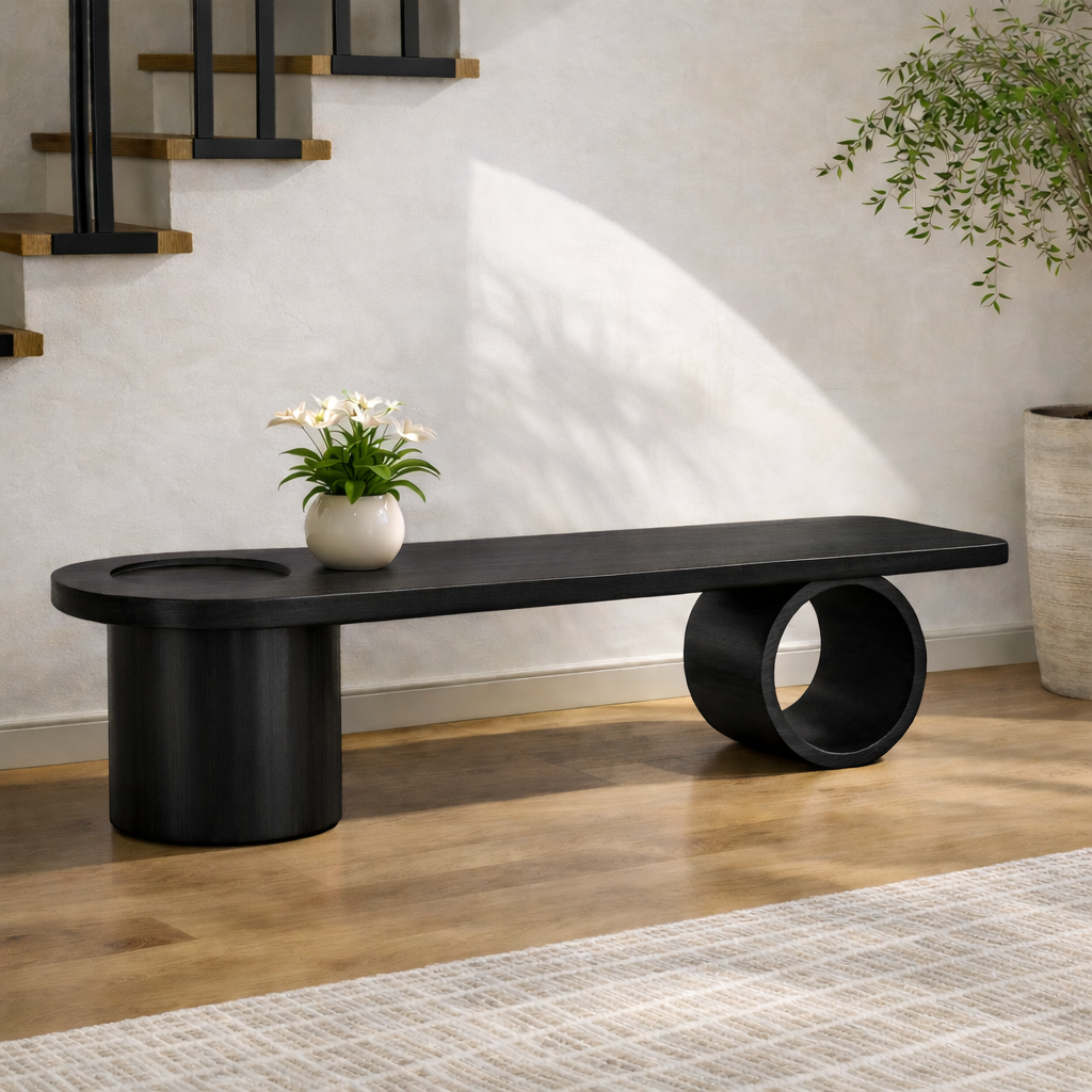 Modern Solid Oak Sculptural Bench, Minimalist Geometric Statement Seat - view 7 of 7