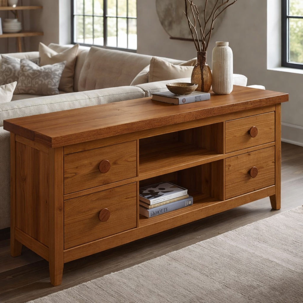 Solid Wood Console Cabinet with 2 Drawers & Open Shelving – Modern Storage Solution - view 3 of 7