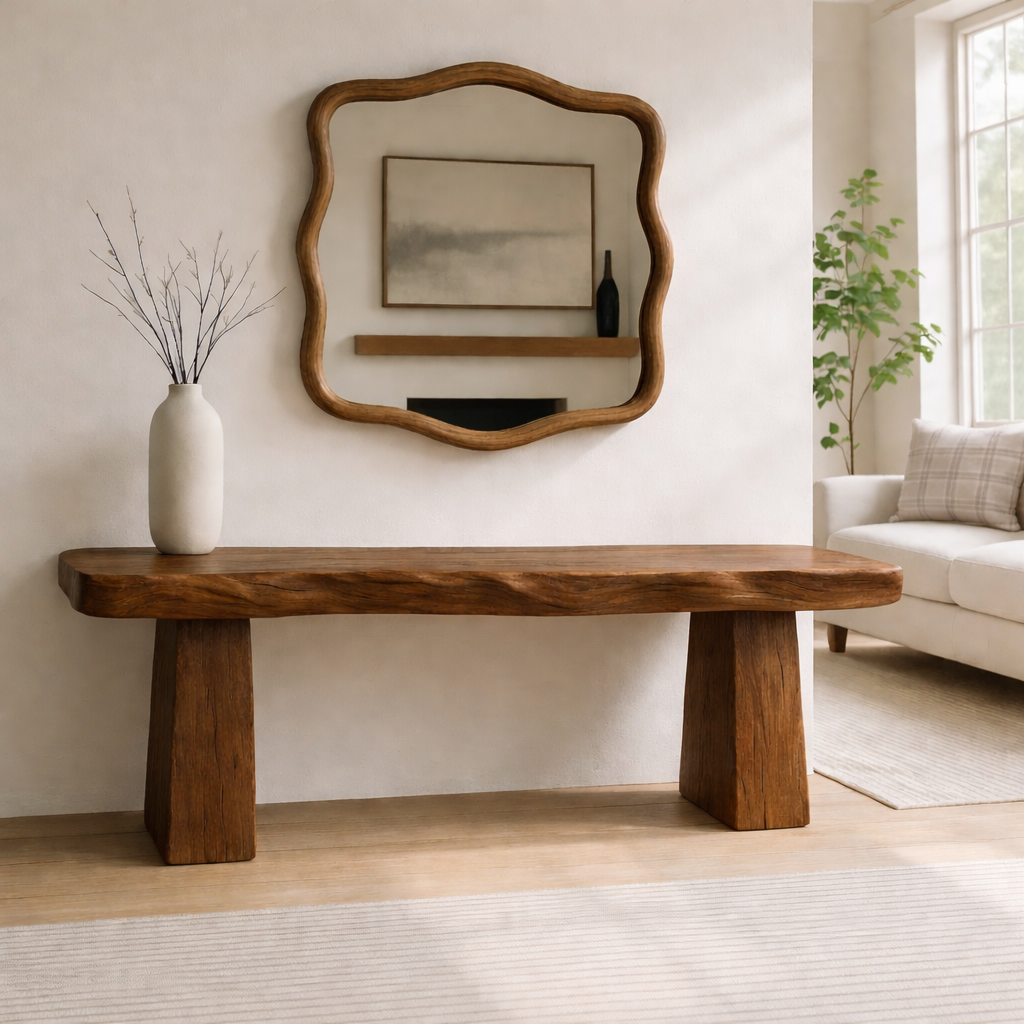 Solid Wood Entryway Bench with Sculpted Base, Handmade Rustic Hallway Seat - view 6 of 7