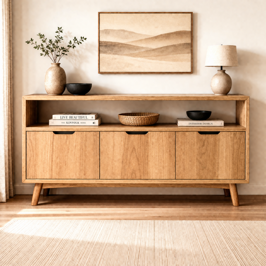 Solid Wood Console Cabinet with Open Shelf and 3 Doors – Modern Entryway Storage - view 1 of 7