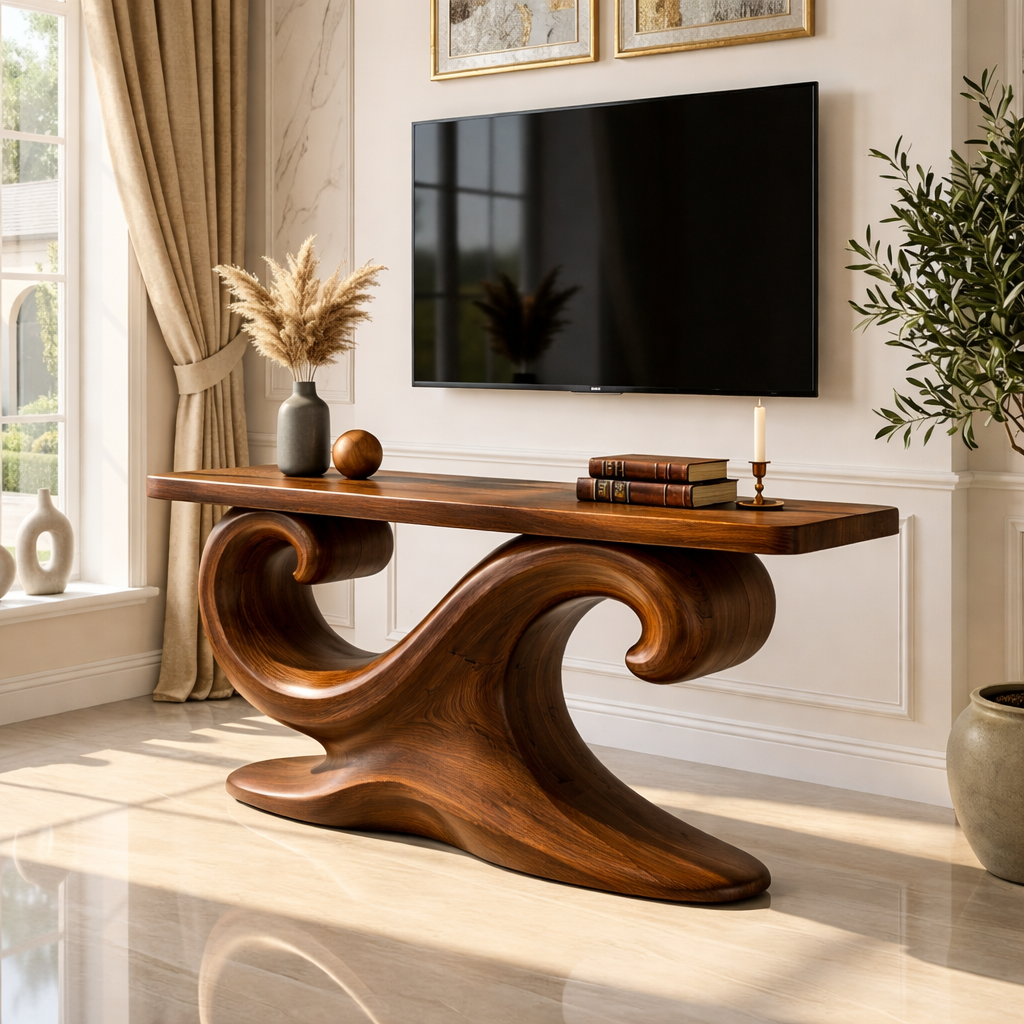 Solid Wood Console Table with Sculpted Curved Base, Artistic Modern Design - view 2 of 7
