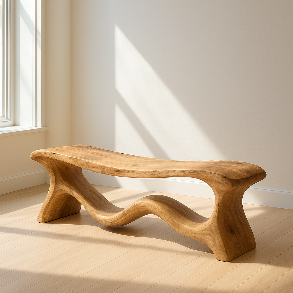 Modern Solid Wood Bench with Artistic Wave Base – Minimalist Wooden Bench - view 1 of 7