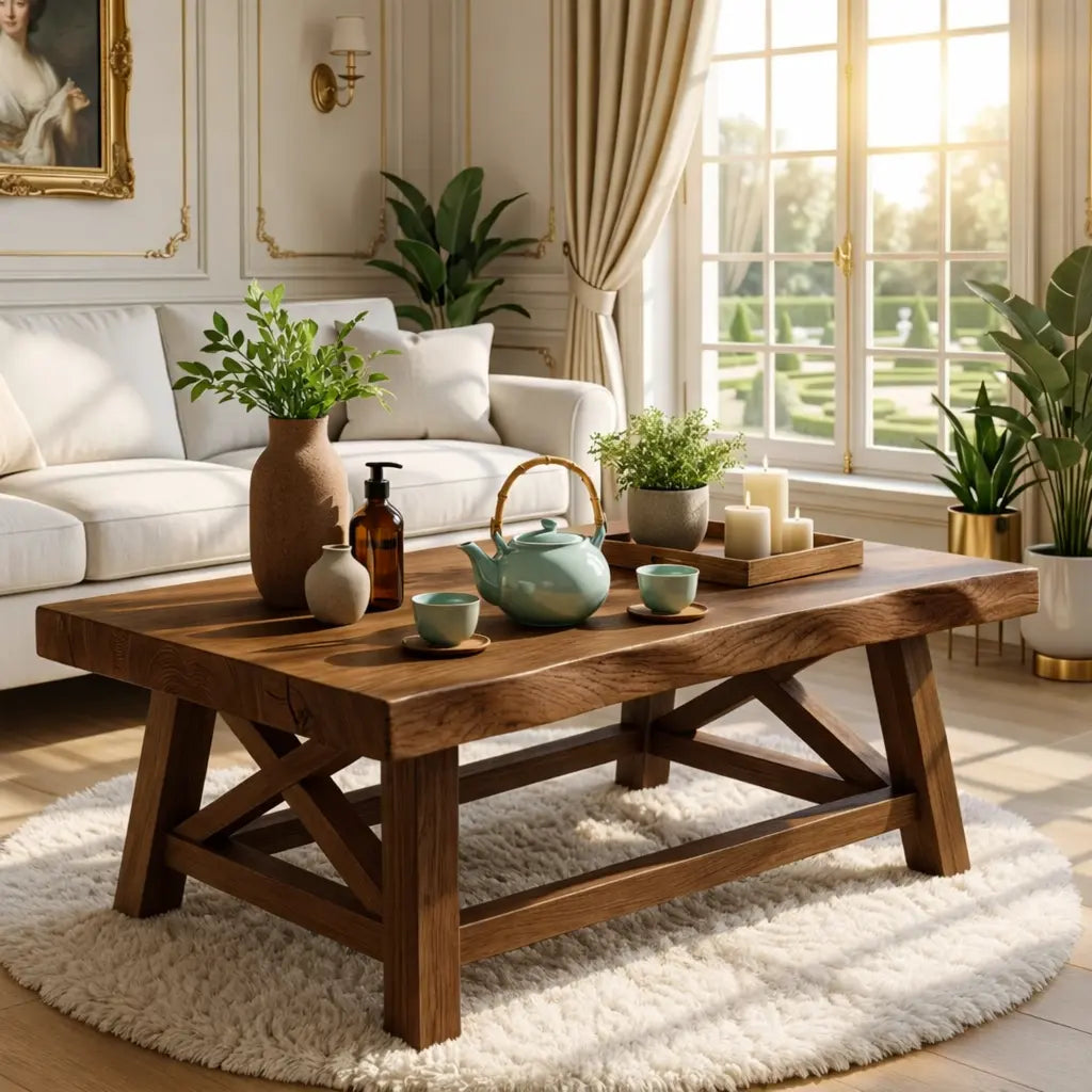 Handcrafted Wooden Coffee Table with X-Shaped Support, Natural Rustic Finish - view 2 of 7