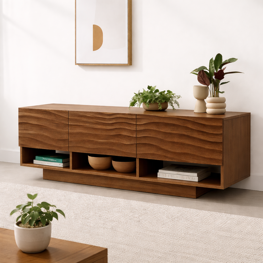 Modern Solid Wood Console Table, Minimalist Oak Media Console Cabinet with Storage Shelves - view 6 of 7