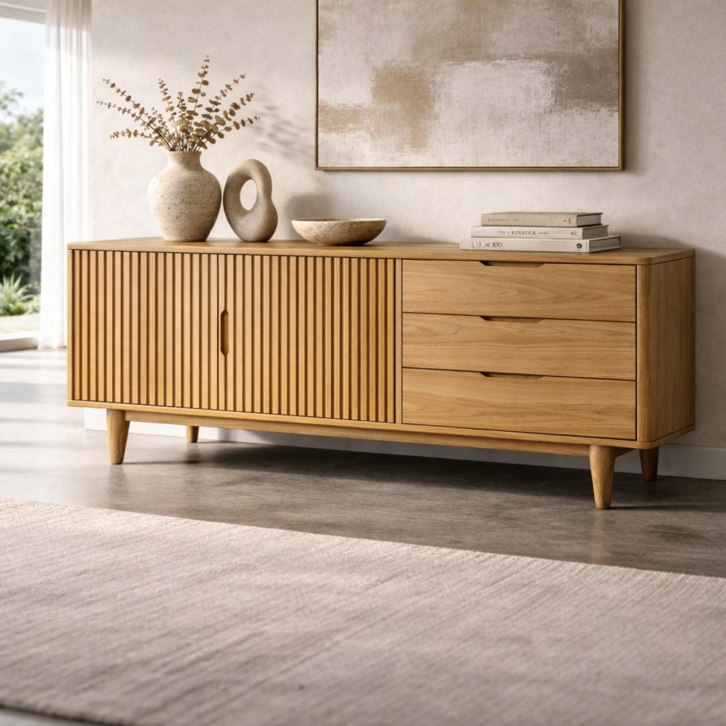 Fluted Solid Wood Console Cabinet with Drawers – Mid Century Storage Sideboard - view 1 of 7