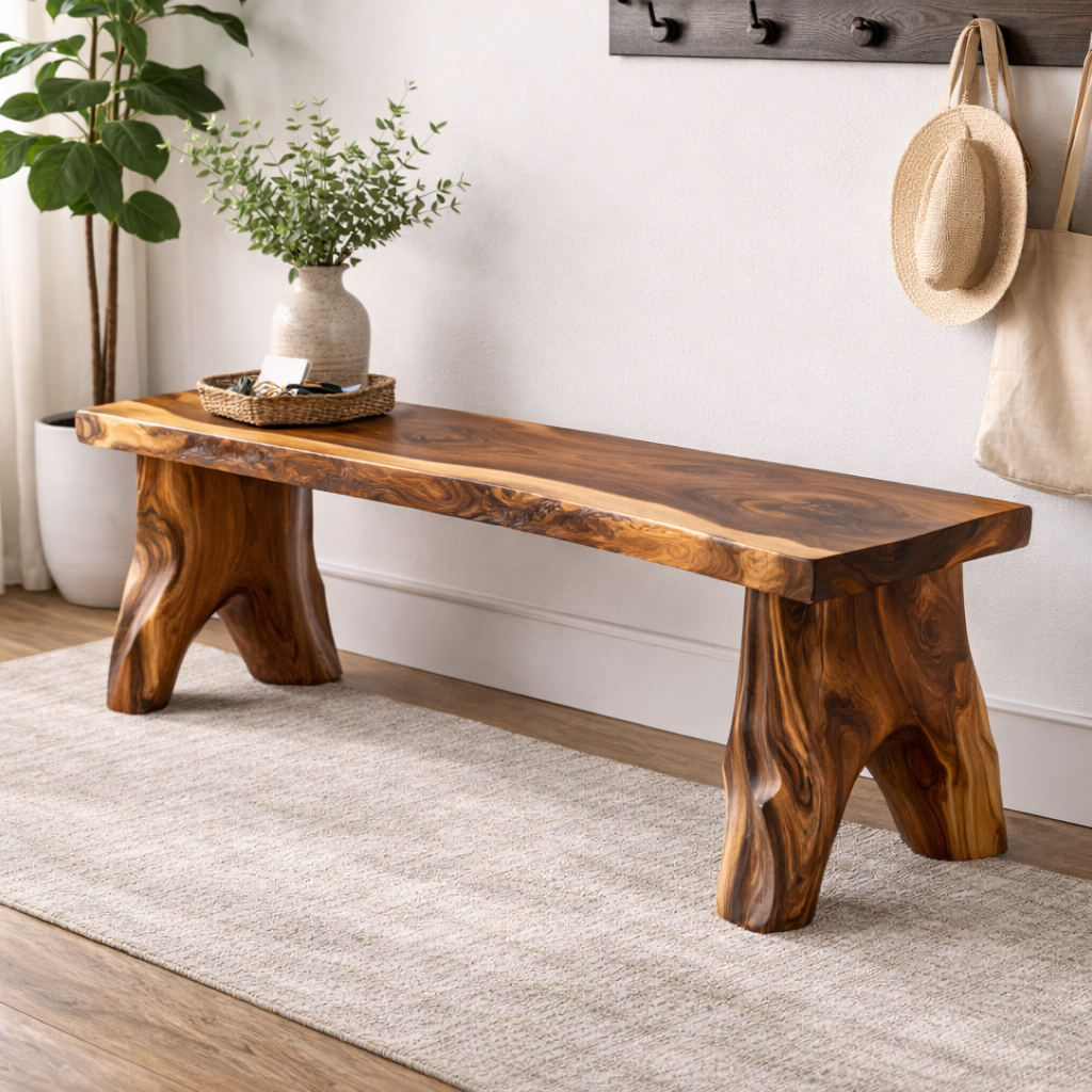 Live Edge Solid Wood Entryway Bench | Organic Design with Unique Legs - view 3 of 7