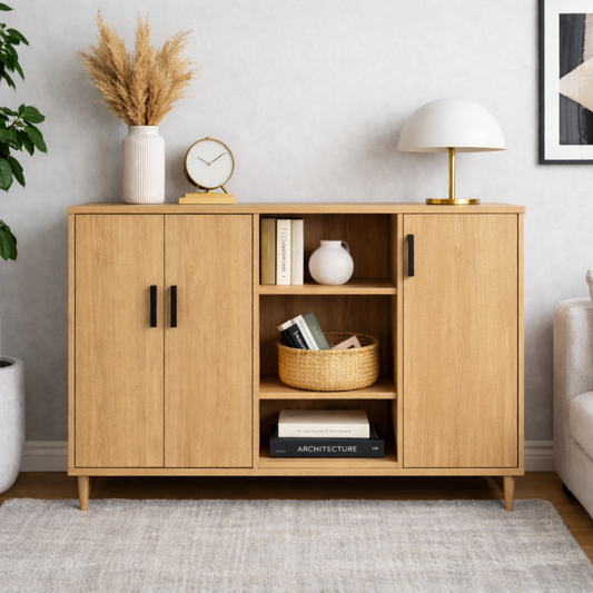 Solid Wood Console Cabinet with Double Doors & Open Shelf Storage – Modern Design - view 1 of 7