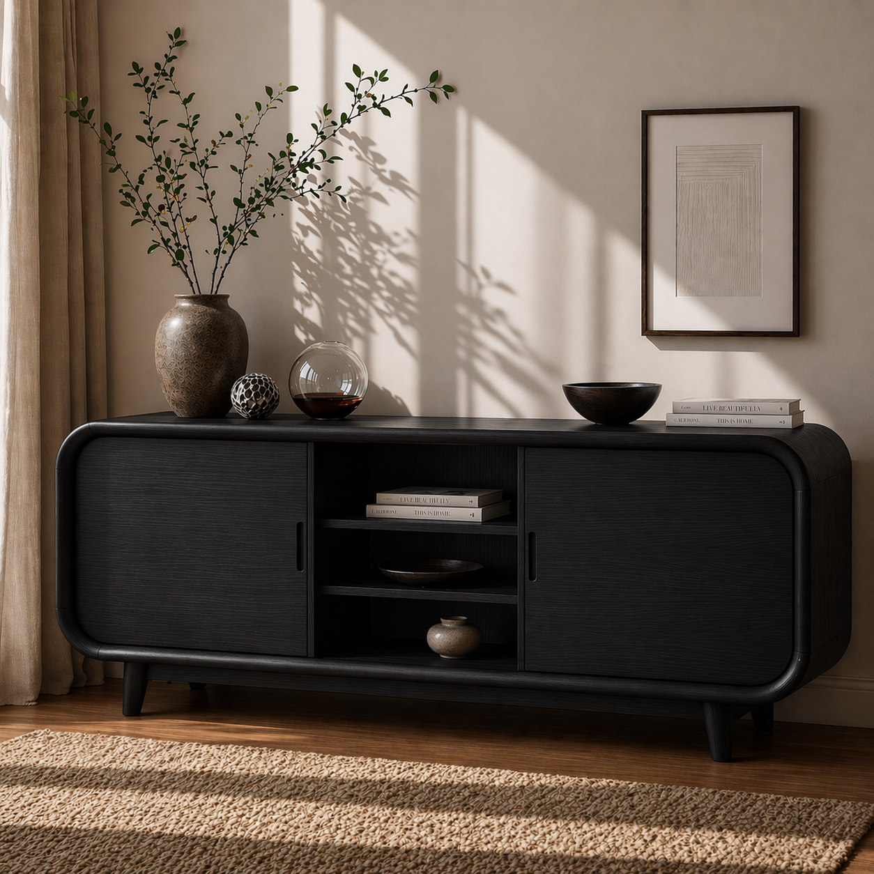 Modern Solid Wood Sideboard Cabinet with Sliding Doors & Open Shelf Storage - view 4 of 7