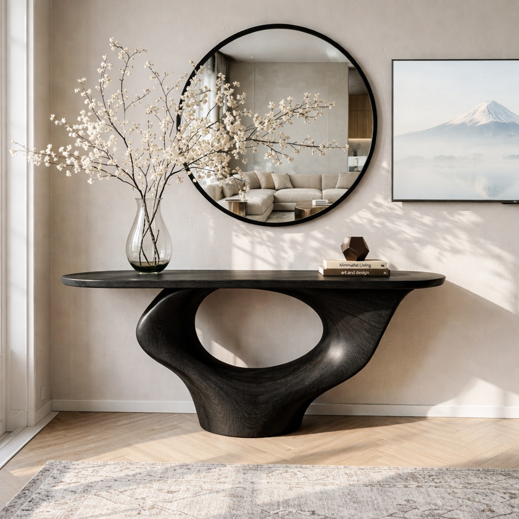 Solid Wood Console Table with Sculptural Base, Modern Minimalist Design - view 4 of 7