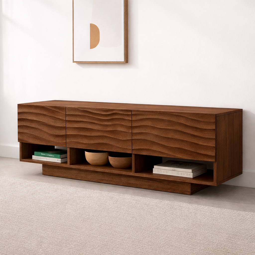 Modern Solid Wood Console Table, Minimalist Oak Media Console Cabinet with Storage Shelves - view 5 of 7