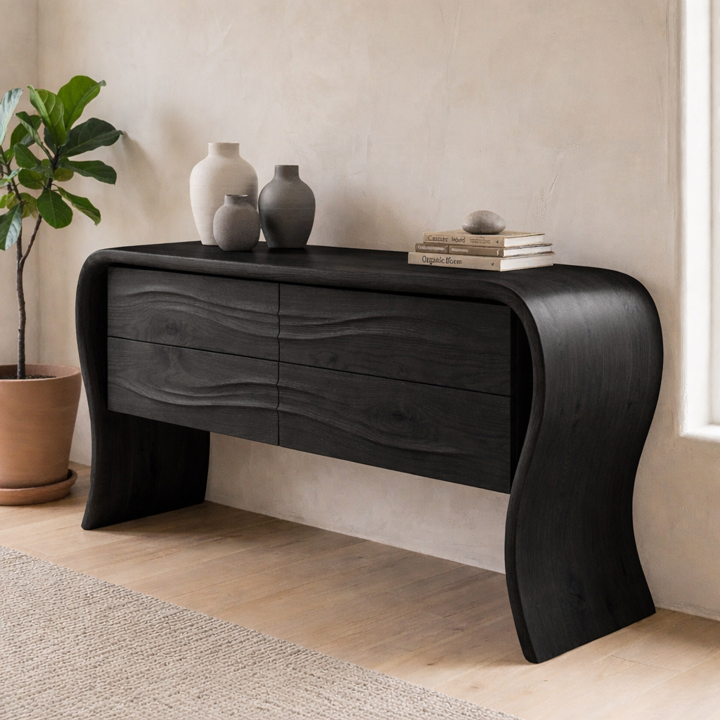 Solid Oak Console Cabinet with Drawers – Modern Curved Wood Entryway Table - view 4 of 7