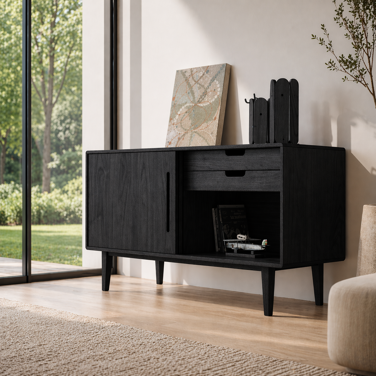 Solid Wood Console Sideboard with Open Shelf – Modern Walnut Storage Cabinet - view 4 of 7