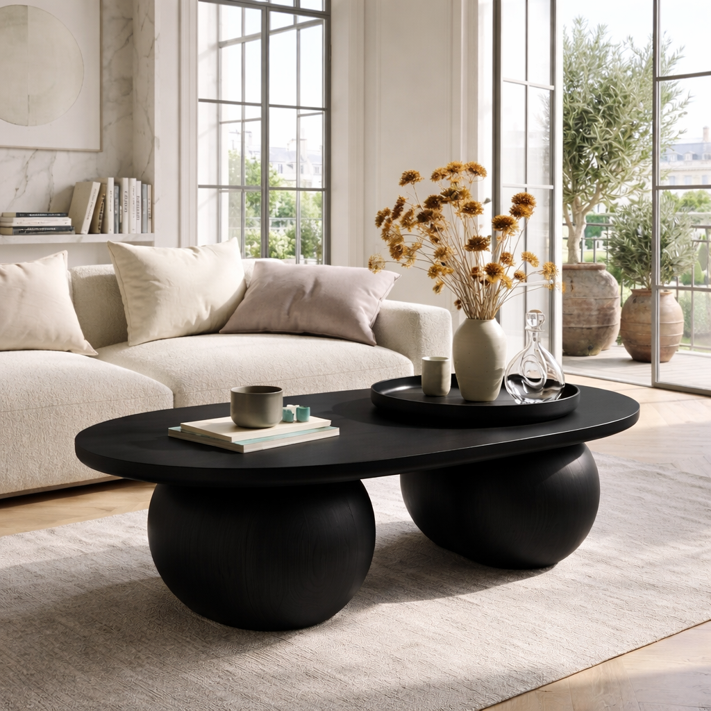 Modern Wooden Coffee Table with Round Sculptural Base - view 4 of 7