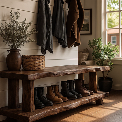 Solid Wood Entryway Bench with Shoe Storage Shelf Rustic Farmhouse Hallway Bench - view 2 of 7