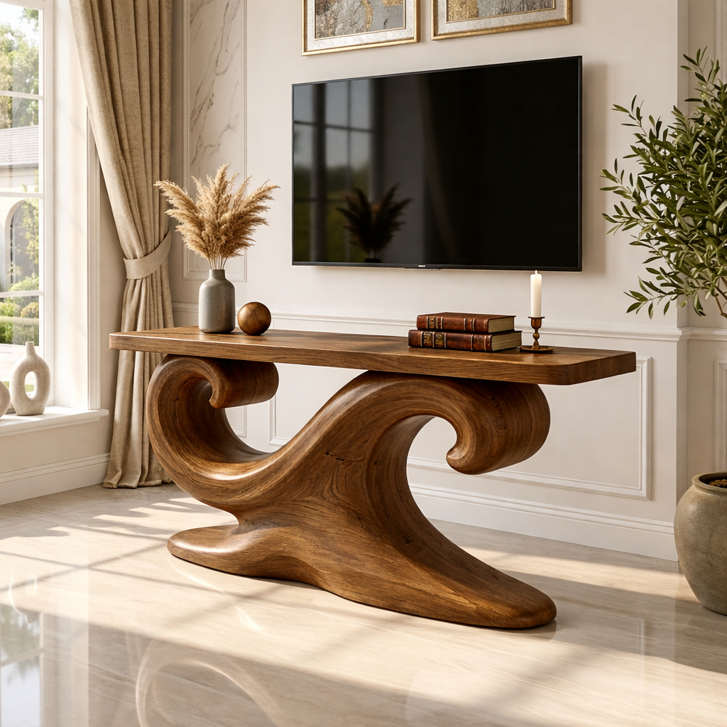 Solid Wood Console Table with Sculpted Curved Base, Artistic Modern Design - view 3 of 7