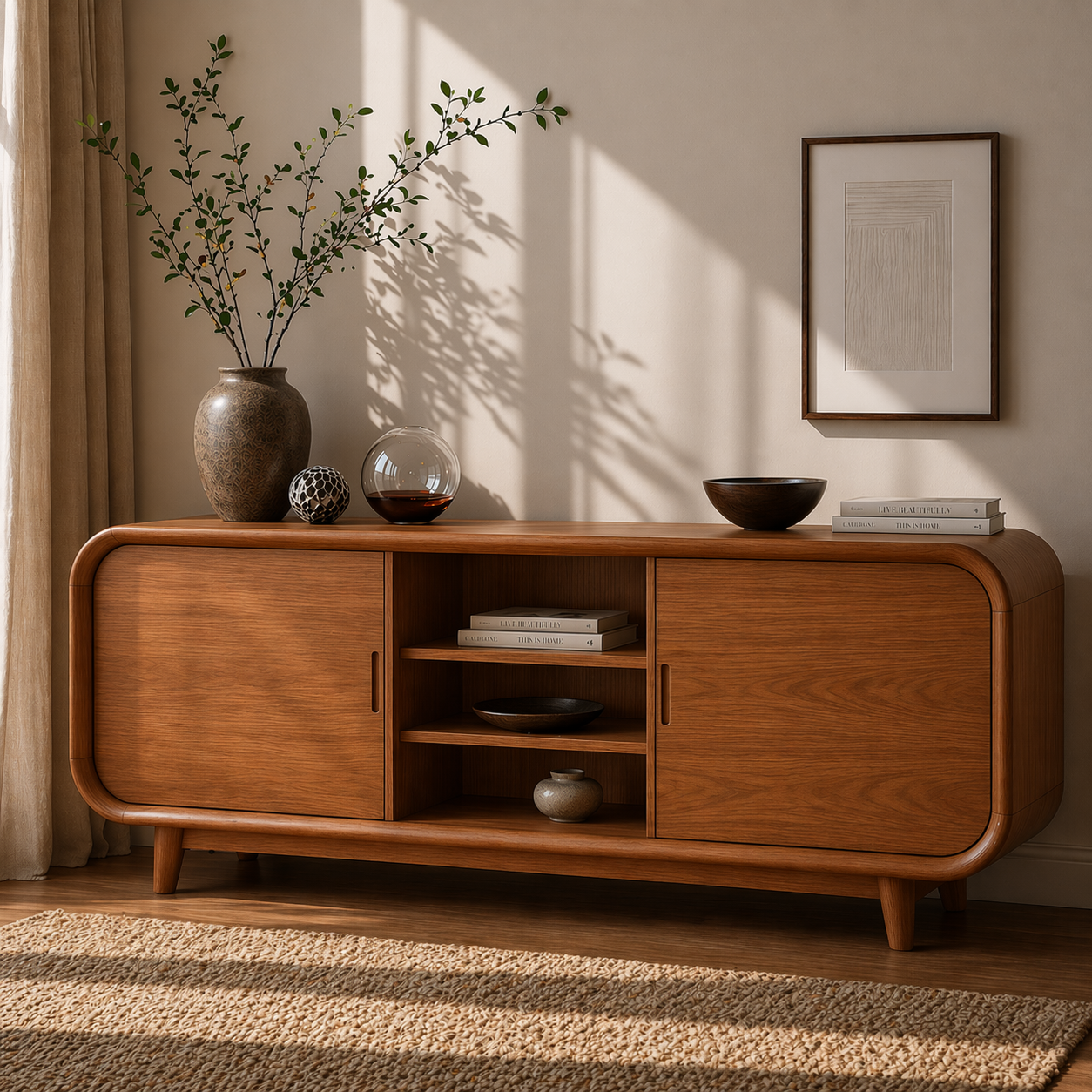 Modern Solid Wood Sideboard Cabinet with Sliding Doors & Open Shelf Storage - view 3 of 7