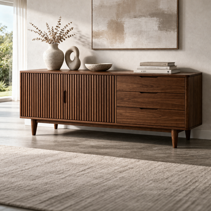 Fluted Solid Wood Console Cabinet with Drawers – Mid Century Storage Sideboard - view 2 of 7