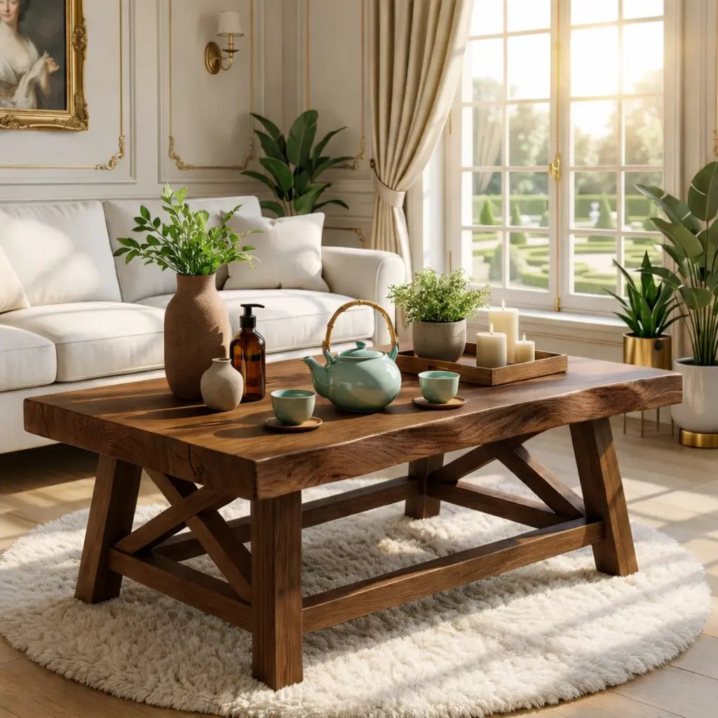 Handcrafted Wooden Coffee Table with X-Shaped Support, Natural Rustic Finish - view 3 of 7