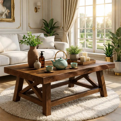 Handcrafted Wooden Coffee Table with X-Shaped Support, Natural Rustic Finish - view 3 of 7