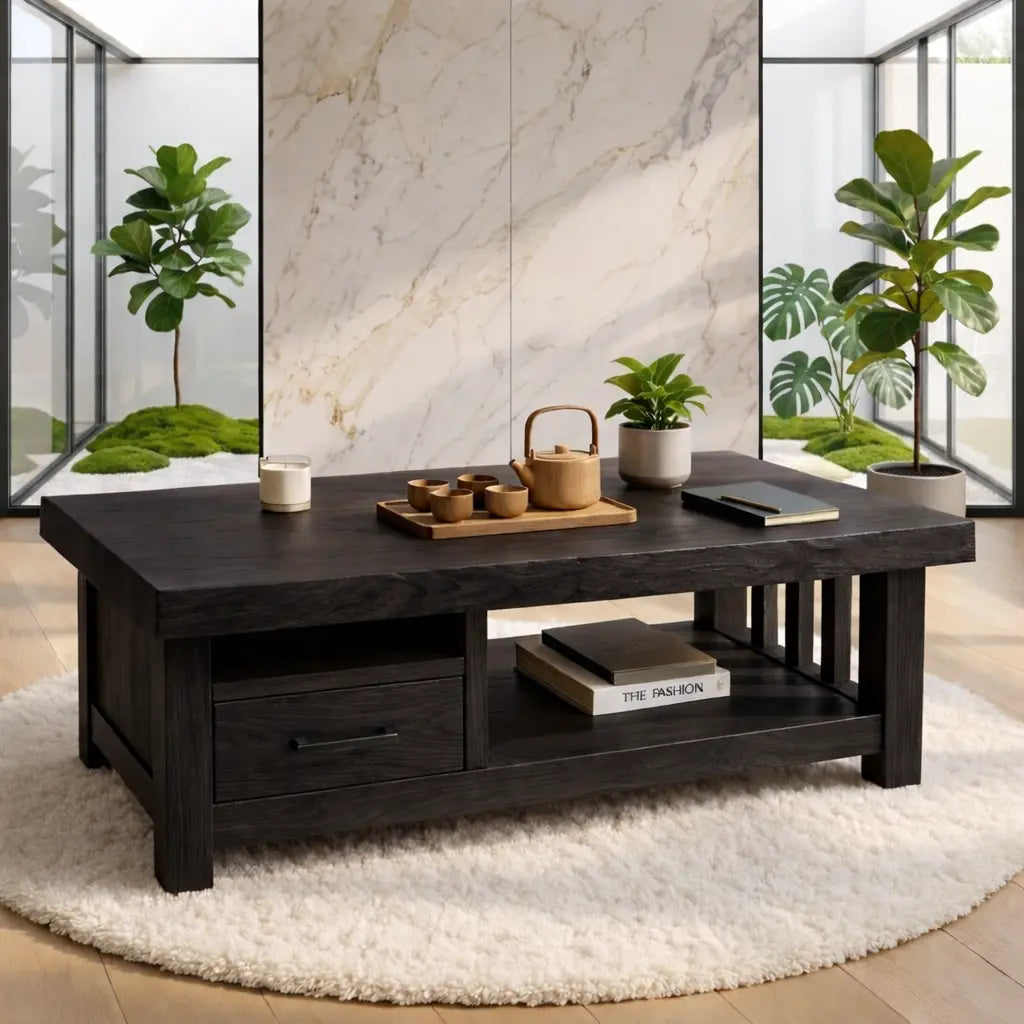 Modern Solid Wood Coffee Table with Drawer and Open Shelf for Living Room Storage - view 4 of 7
