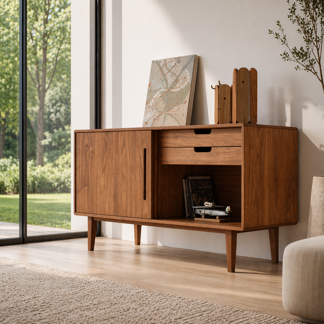 Solid Wood Console Sideboard with Open Shelf – Modern Walnut Storage Cabinet - view 3 of 7