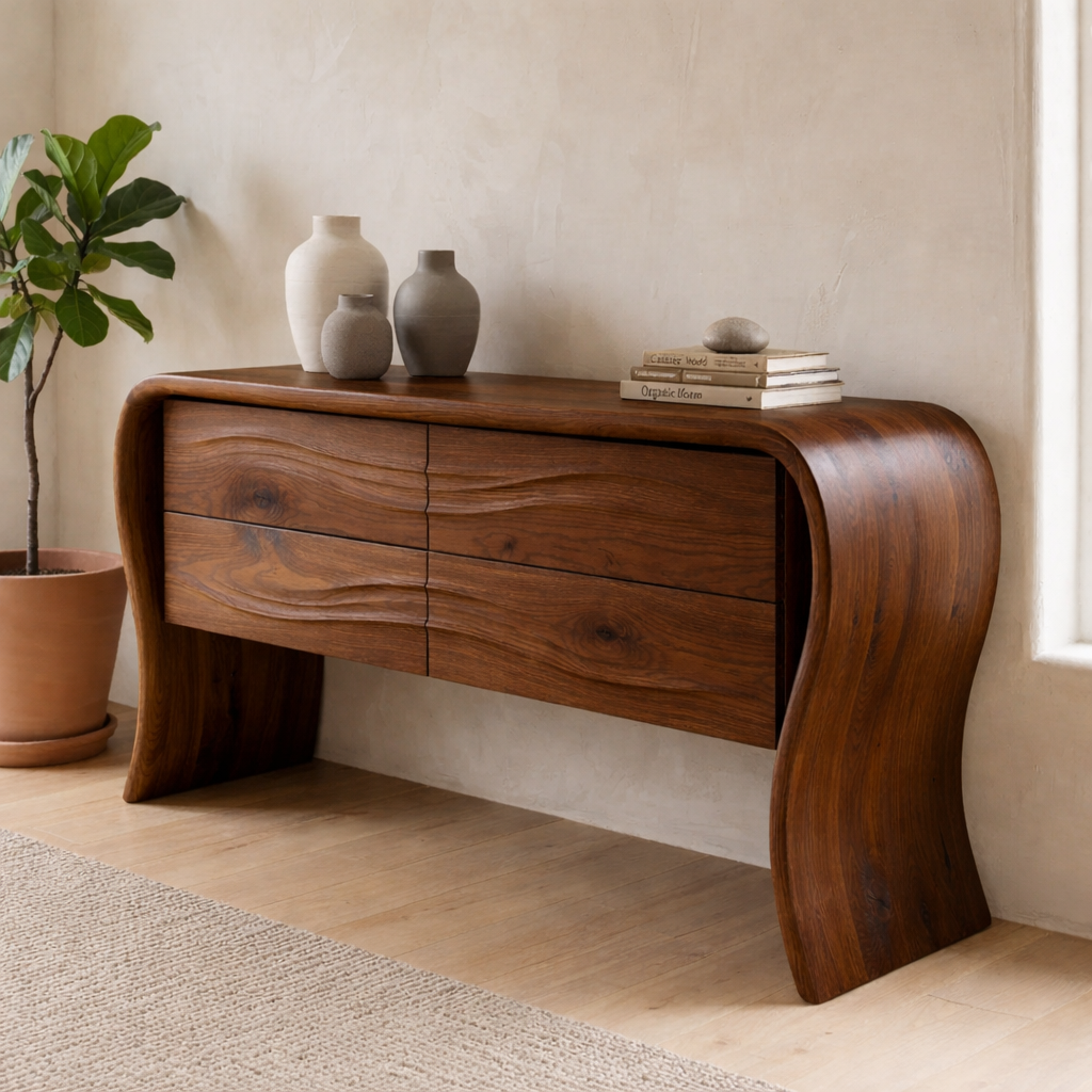 Solid Oak Console Cabinet with Drawers – Modern Curved Wood Entryway Table - view 2 of 7