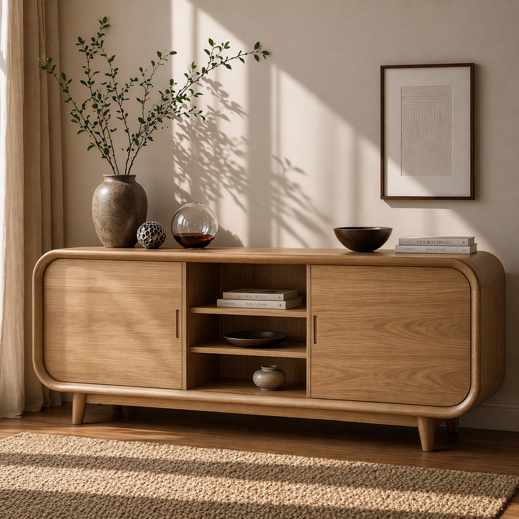 Modern Solid Wood Sideboard Cabinet with Sliding Doors & Open Shelf Storage - view 1 of 7