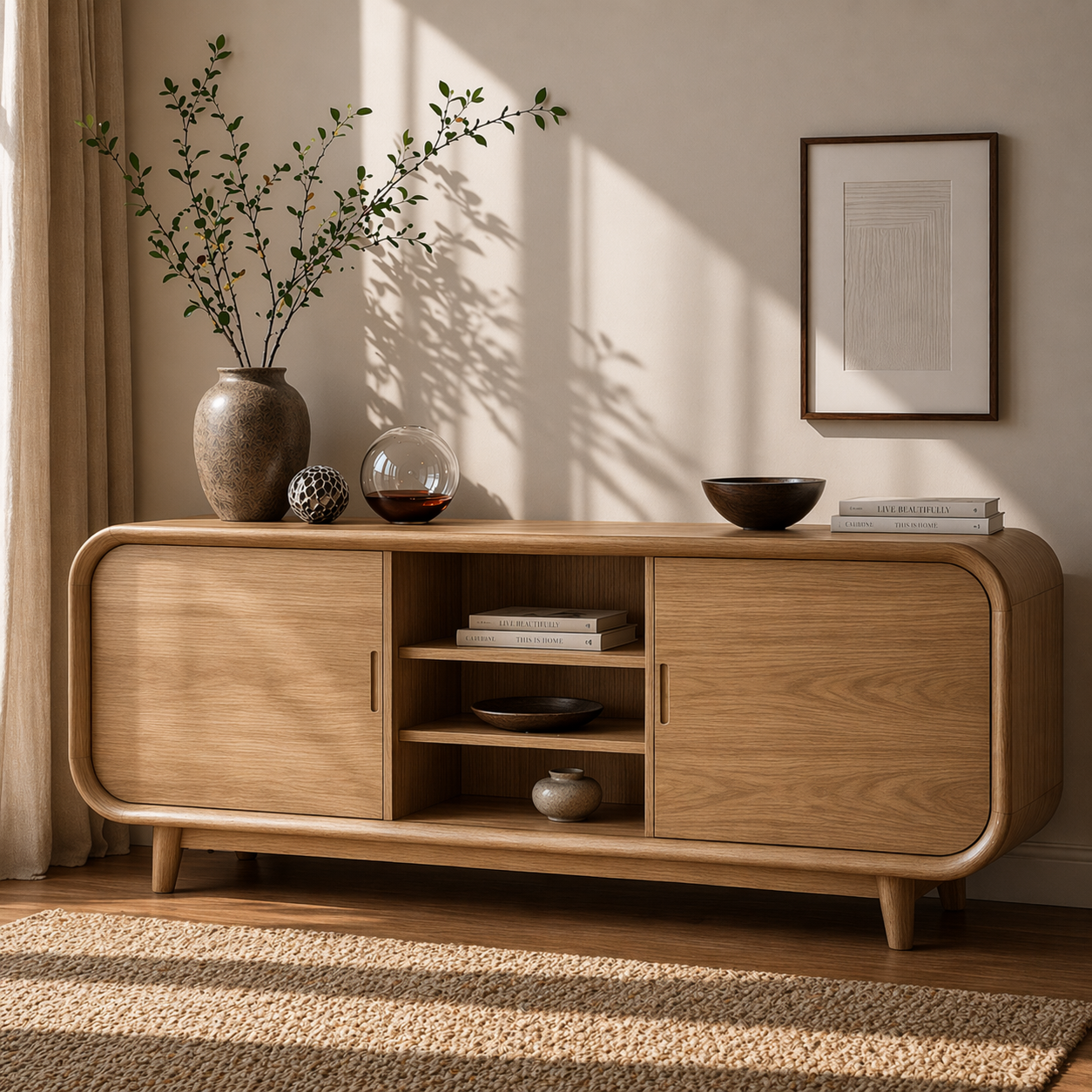 Modern Solid Wood Sideboard Cabinet with Sliding Doors & Open Shelf Storage - view 1 of 7