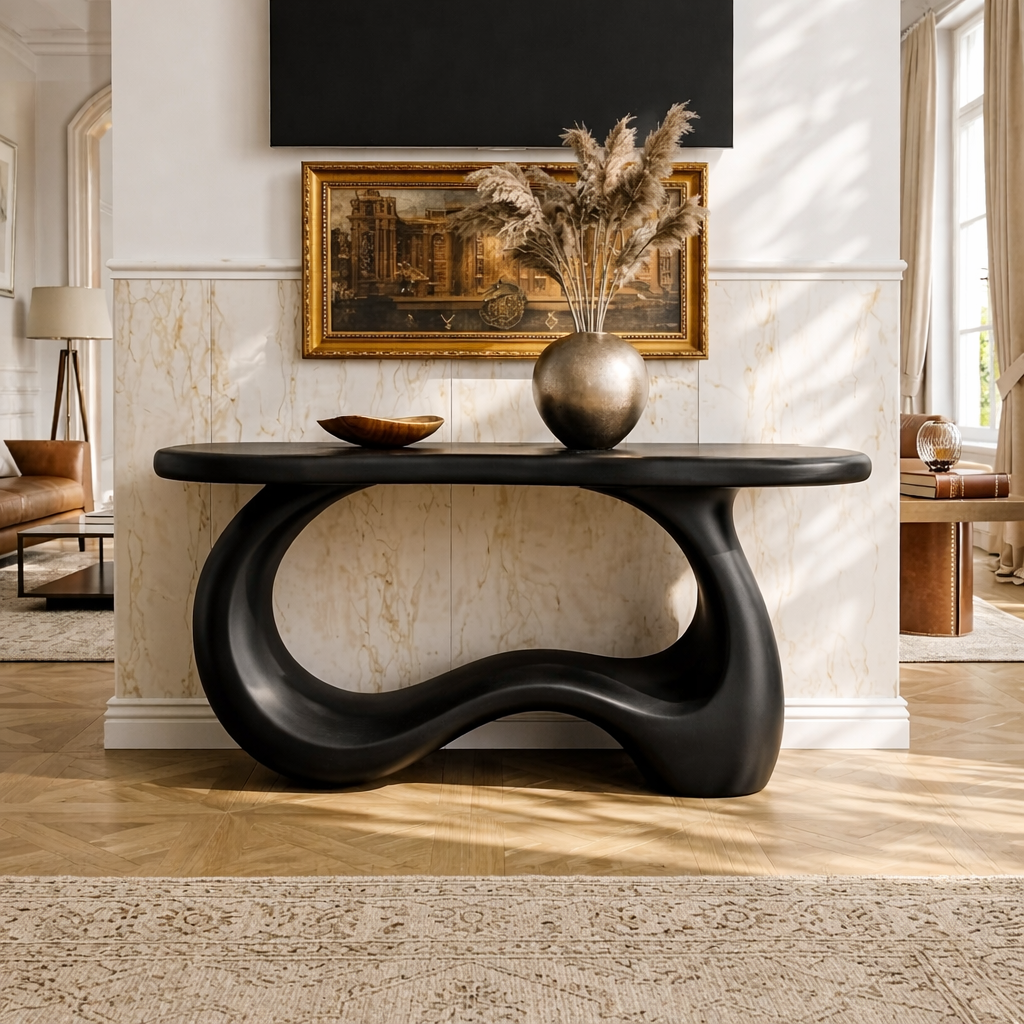 Solid Wood Console Table with Sculpted Curved Base, Modern Organic Design - view 4 of 7