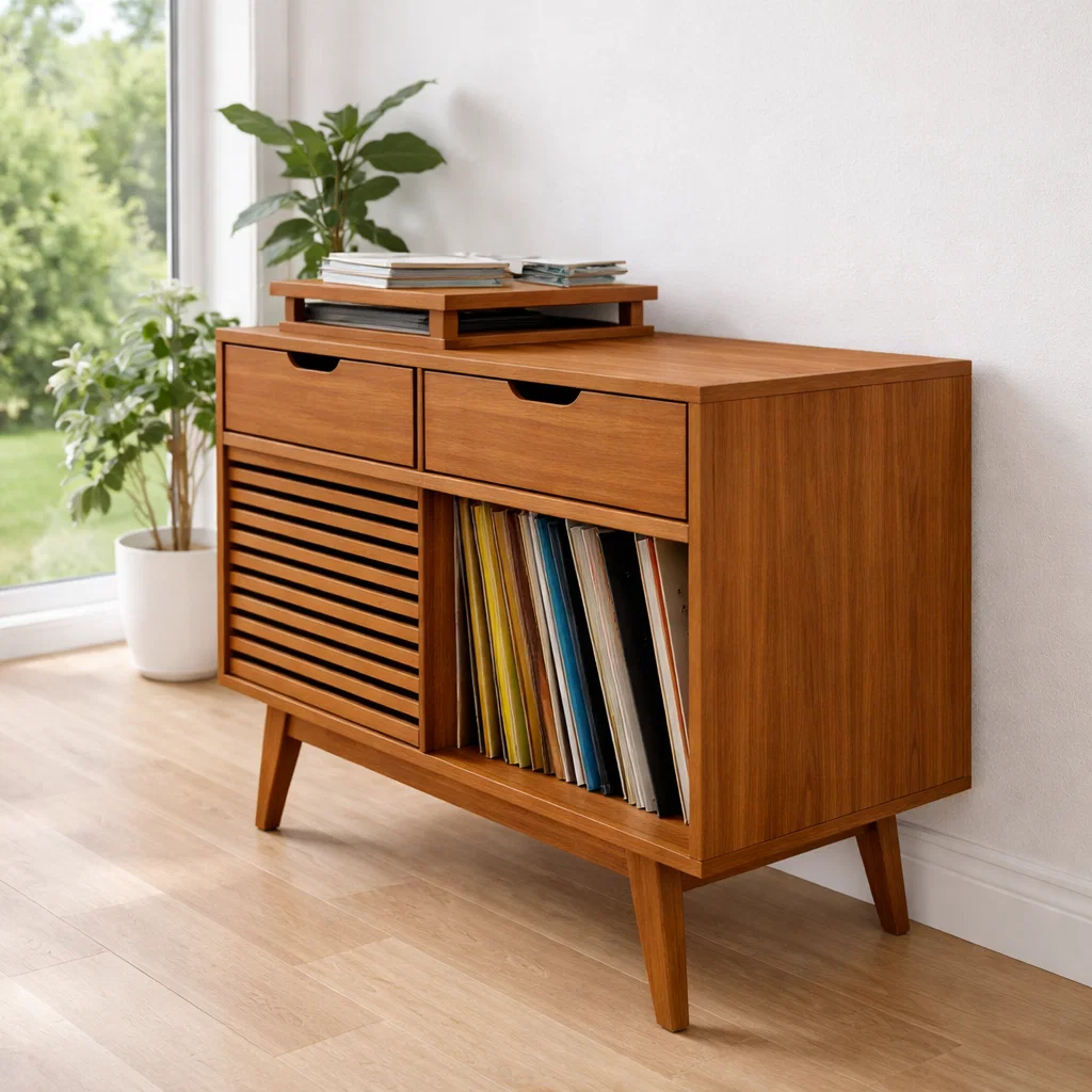 Mid Century Record Player Sideboard Cabinet with Slatted Door – Vinyl Storage Console - view 3 of 7