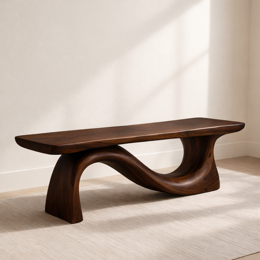Modern Solid Wood Bench with Curved Base – Handmade Wooden Entryway Bench - view 2 of 7