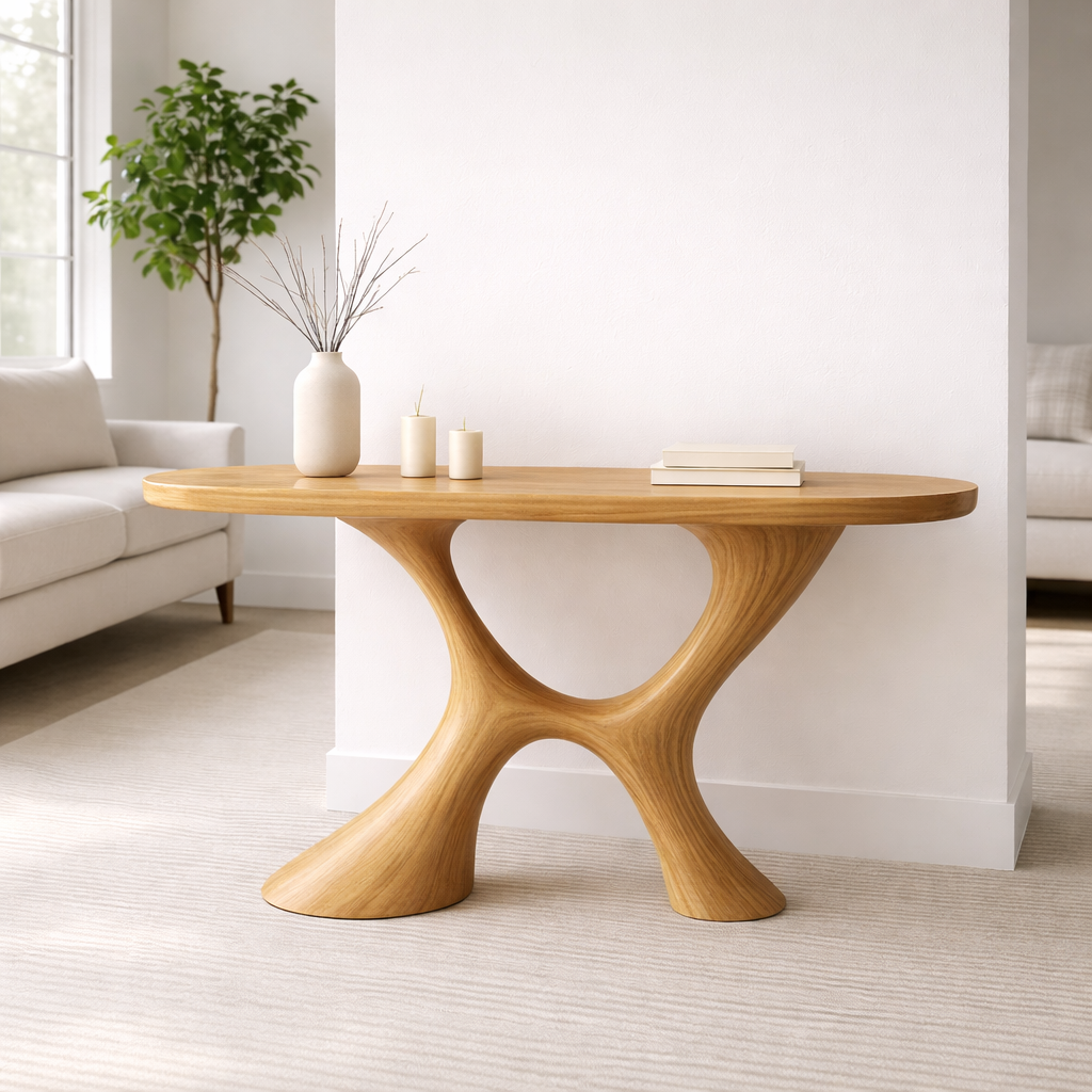 Modern Solid Wood Console Table, Sculptural Organic Base Entryway Hallway Oak Statement Furniture - view 1 of 7