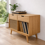 Mid Century Record Player Sideboard Cabinet with Slatted Door – Vinyl Storage Console - view 1 of 7