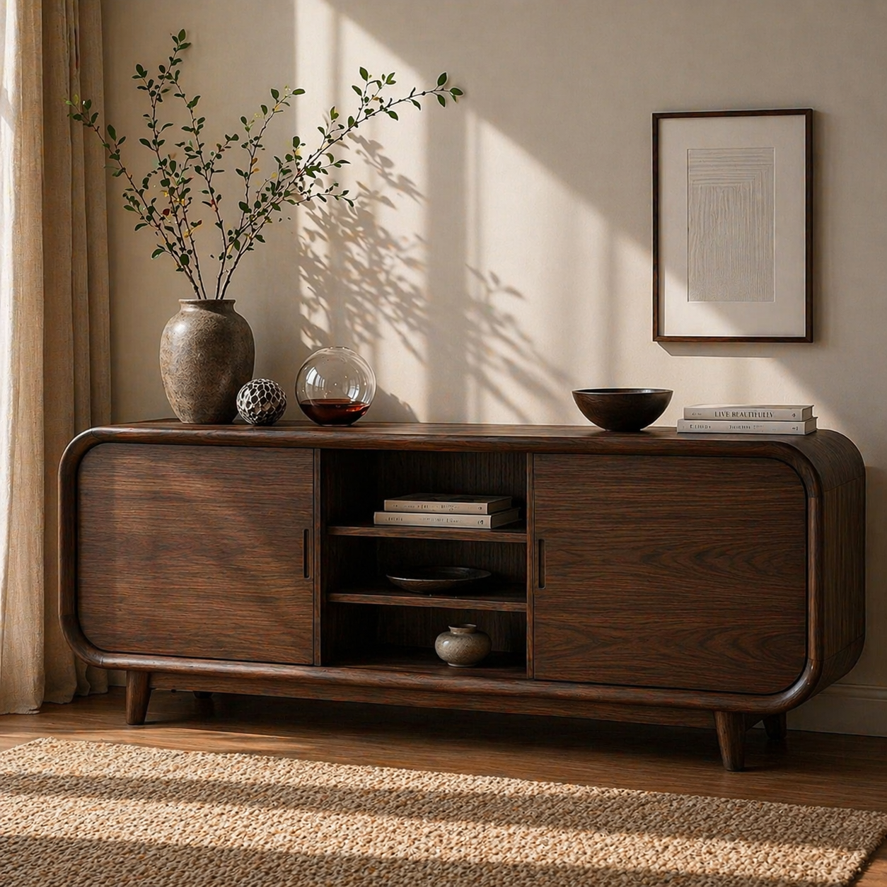 Modern Solid Wood Sideboard Cabinet with Sliding Doors & Open Shelf Storage - view 2 of 7
