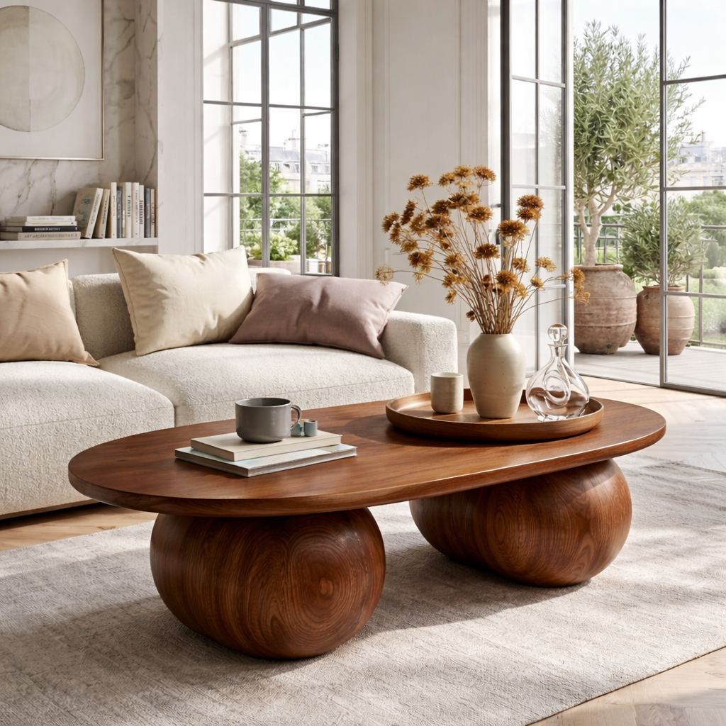 Modern Wooden Coffee Table with Round Sculptural Base - view 2 of 7