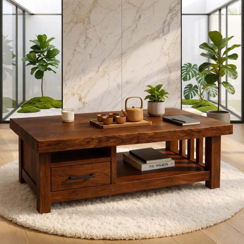 Modern Solid Wood Coffee Table with Drawer and Open Shelf for Living Room Storage - view 3 of 7