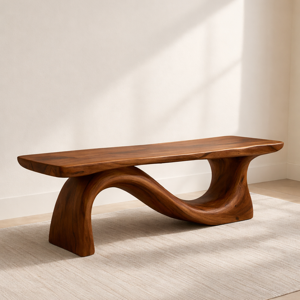 Modern Solid Wood Bench with Curved Base – Handmade Wooden Entryway Bench - view 3 of 7