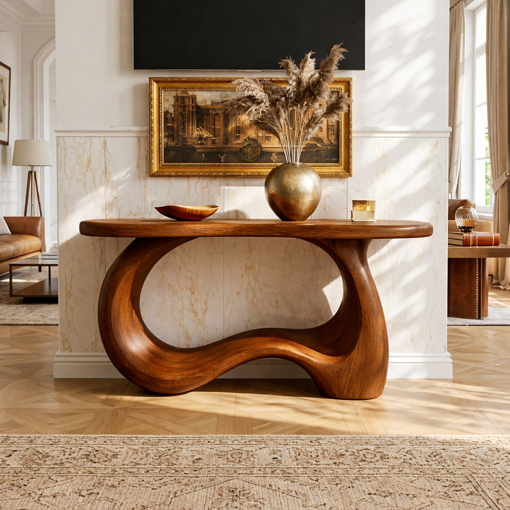 Solid Wood Console Table with Sculpted Curved Base, Modern Organic Design - view 2 of 7