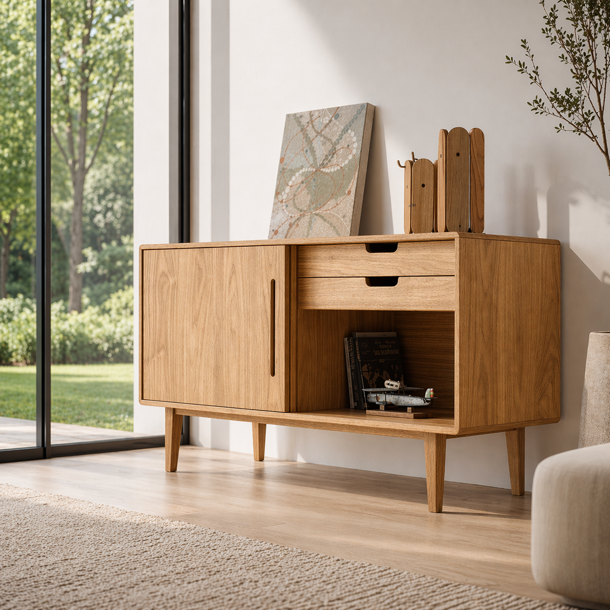 Solid Wood Console Sideboard with Open Shelf – Modern Walnut Storage Cabinet - view 1 of 7