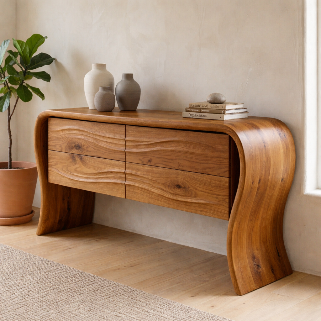 Solid Oak Console Cabinet with Drawers – Modern Curved Wood Entryway Table - view 3 of 7