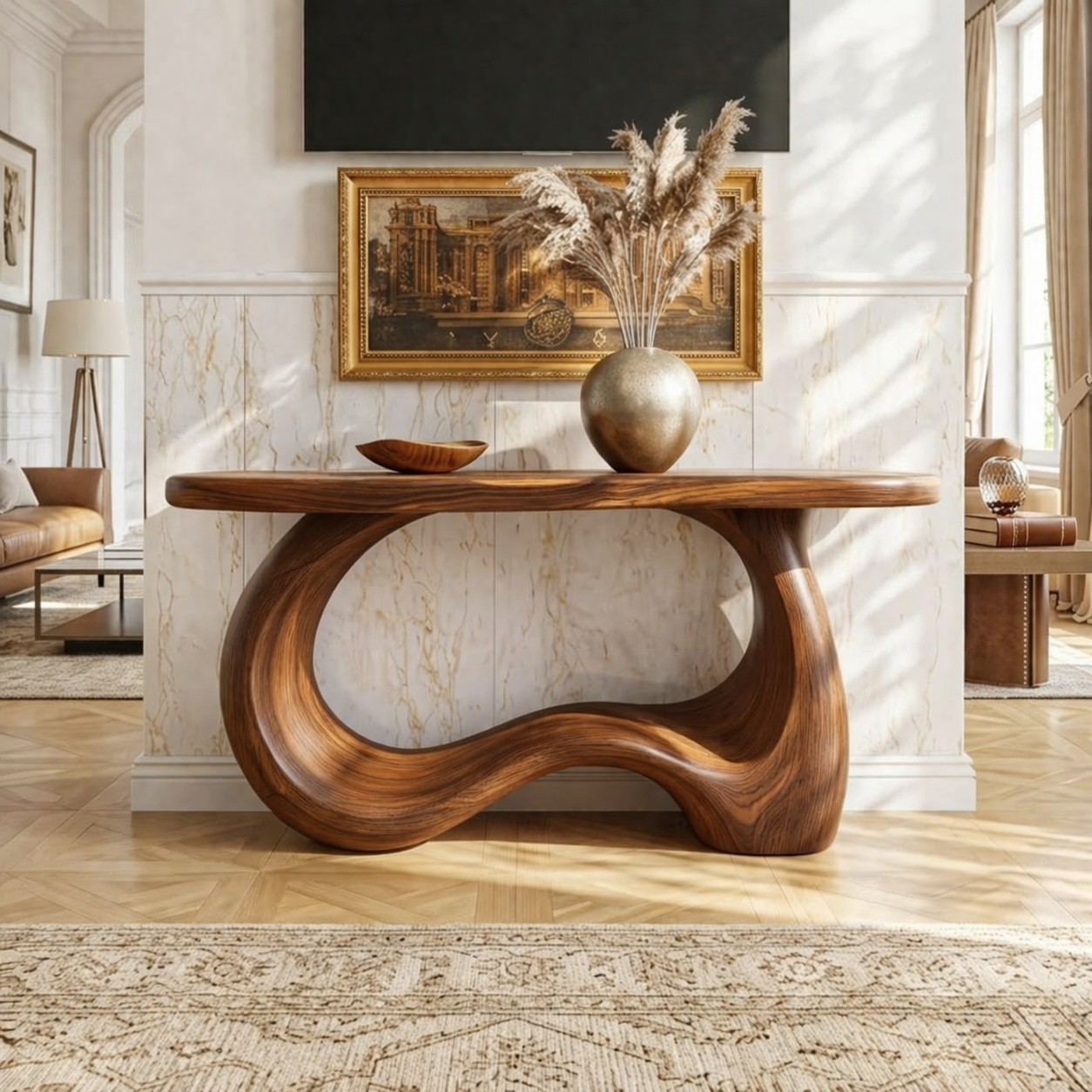 Solid Wood Console Table with Sculpted Curved Base, Modern Organic Design - view 3 of 7