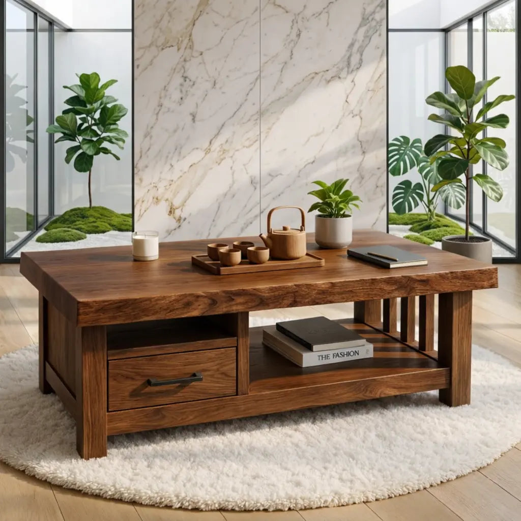 Modern Solid Wood Coffee Table with Drawer and Open Shelf for Living Room Storage - view 2 of 7