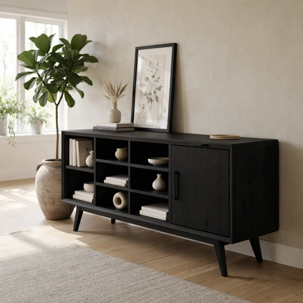 Solid Oak Console Cabinet with Shelves & Door – Modern Storage Sideboard Table - view 4 of 7