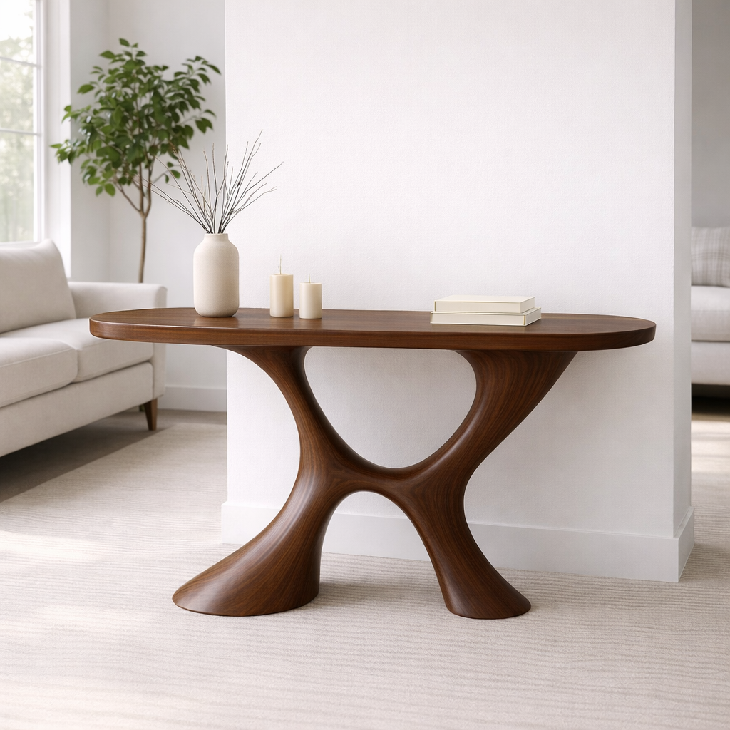 Modern Solid Wood Console Table, Sculptural Organic Base Entryway Hallway Oak Statement Furniture - view 6 of 7