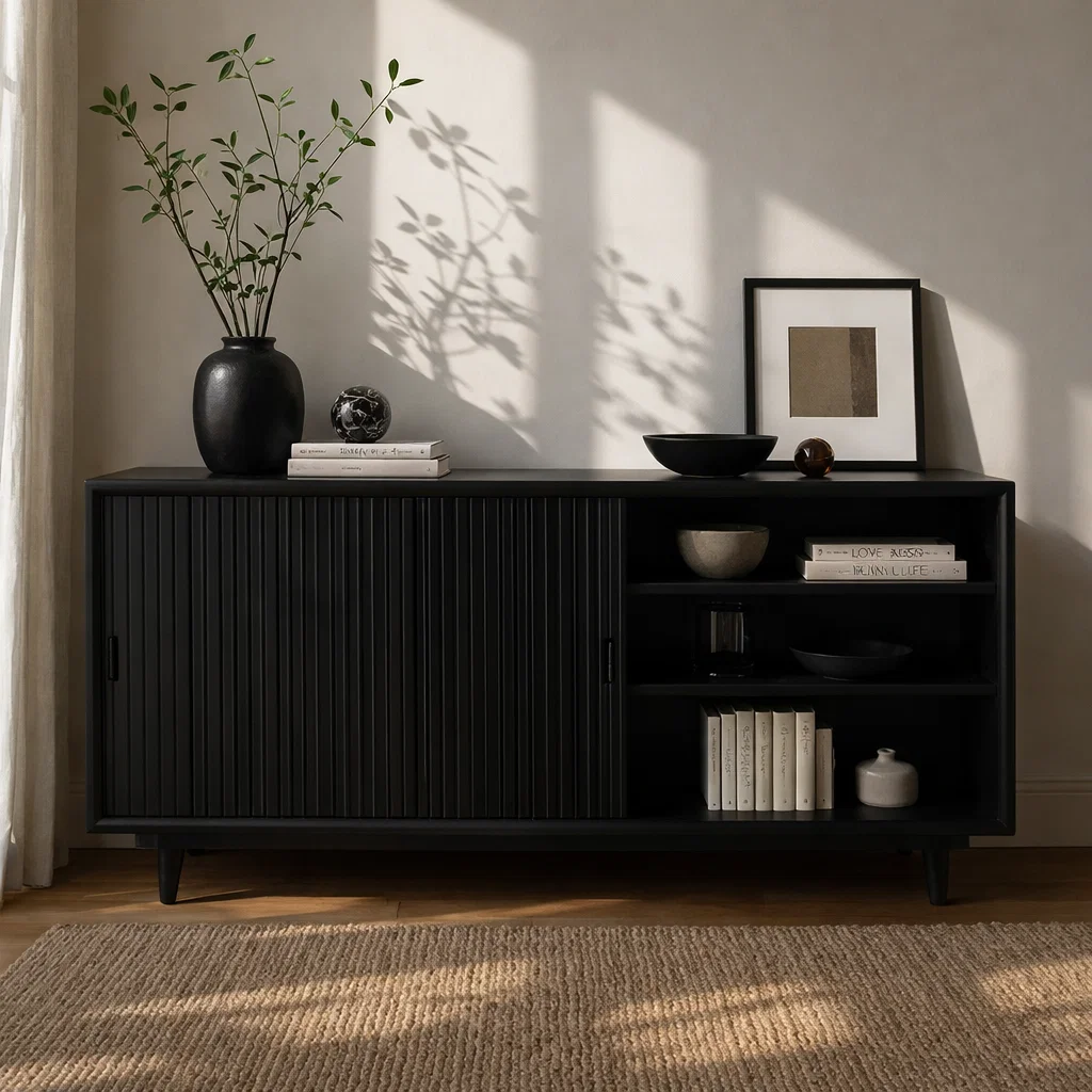Solid Wood Sideboard Cabinet with Sliding Slatted Doors & Open Shelf Storage - view 4 of 7