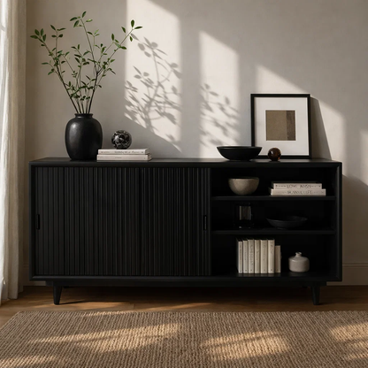 Solid Wood Sideboard Cabinet with Sliding Slatted Doors & Open Shelf Storage - view 4 of 7