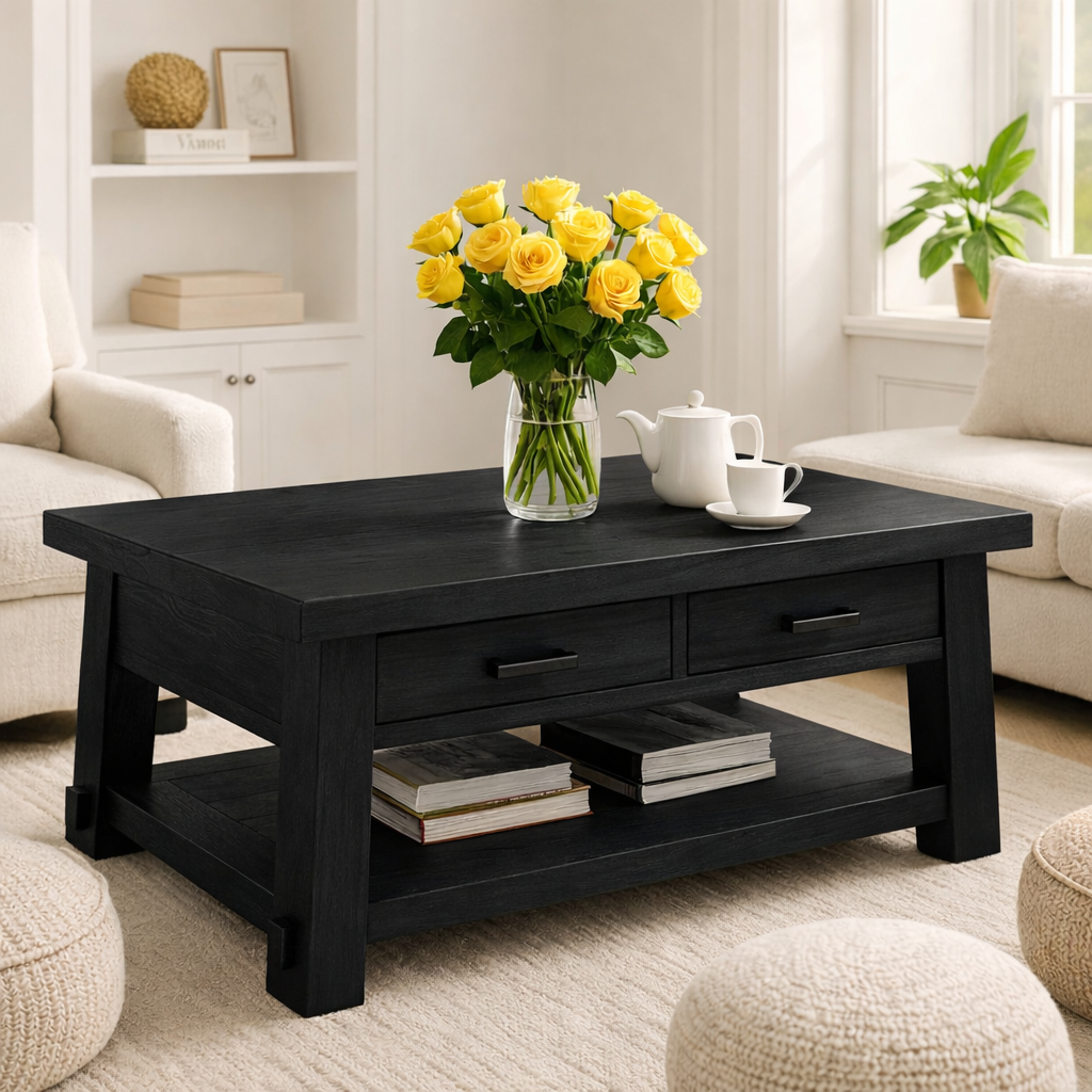Solid Wood Coffee Table with Drawers and Storage Shelf Rustic Living Room Table - view 2 of 7